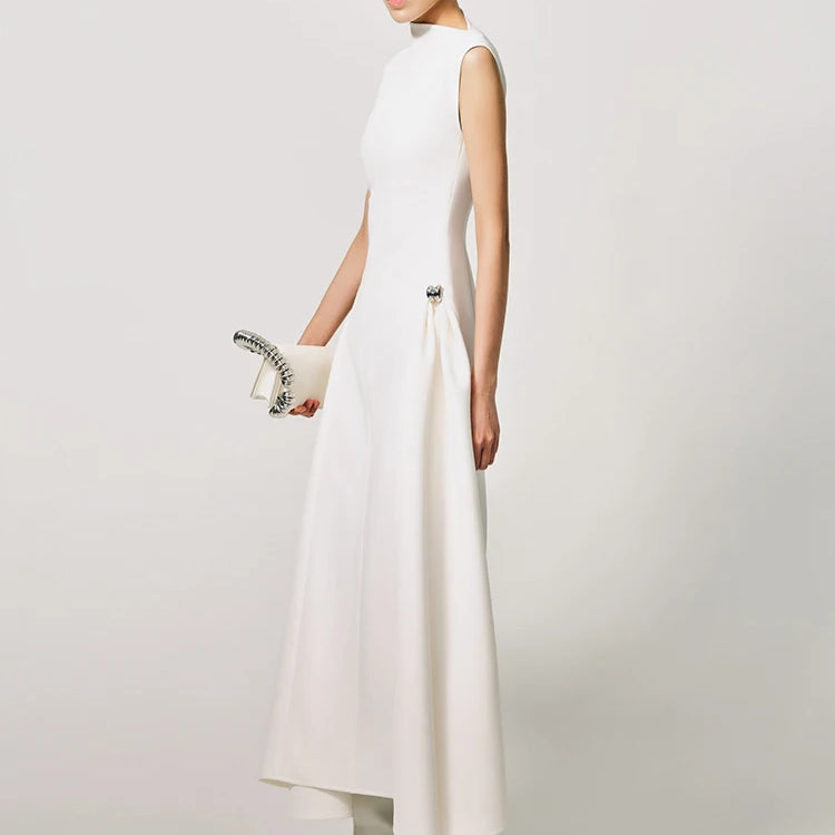 Casual Dress For Women Asymmetrical Collar Sleeveless High Waist Metal Button Pin Embellished Elegant Cocktail Party Wear