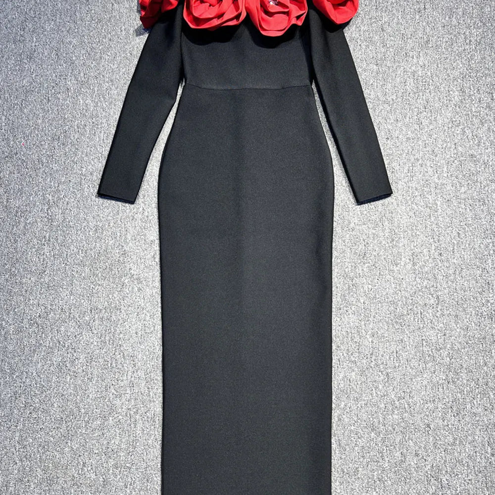 2025 Sexy Women's 3D Red Large Flower Design Bandage Dress with One Collar Card Sleeve Bodycon Long Dress Evening Party Vestidos black