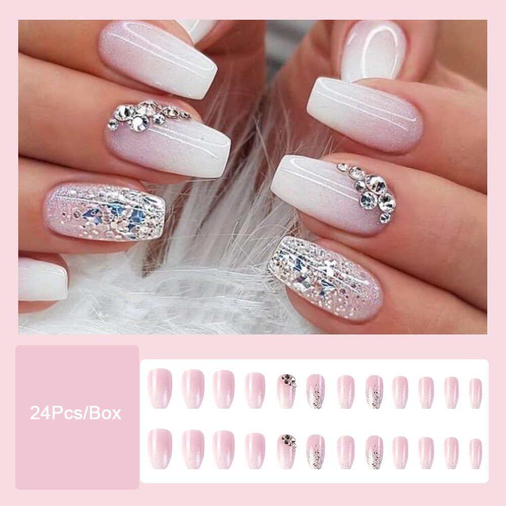 Trendy Gradient Pink False Nail Tips With Designs French Coffin Fake Nails Set Press on Short Ballerina Rhinestones Manicure