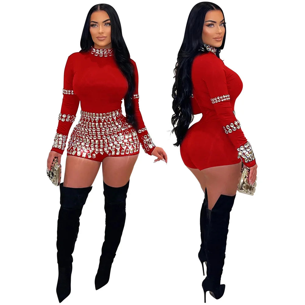 Women Diamonds Hot Rhinestones Long Sleeve Short Jumpsuits 2024 Summer Sexy Party Club One Piece Suit Rompers Playsuits