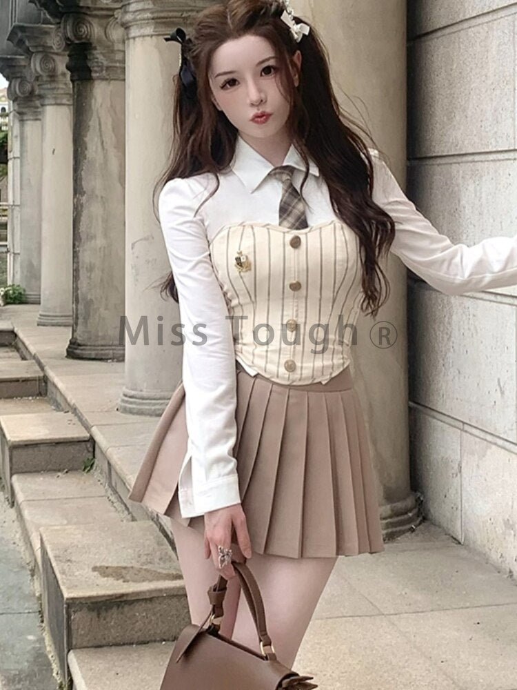 Sweet Elegant 3 Piece Set Women Korean Fashion Party Mini Skirt Set Female Vintage Designer Pleated Skirt Suit 2024 Autumn New