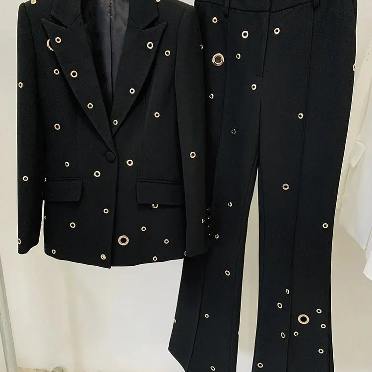 Casual Hollow Out Two Piece Sets For Women Notched Collar Long Sleeve Blazer High Waist Pant Loose Set Female Style