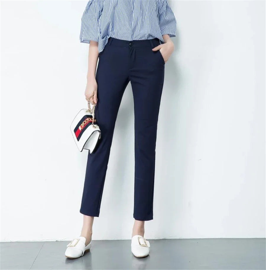S-4xl Big Size Office Pencil Pants Womens Formal New Elegant OL Work Pantalones Elastic Cotton Slim Ankle-length Trousers navy