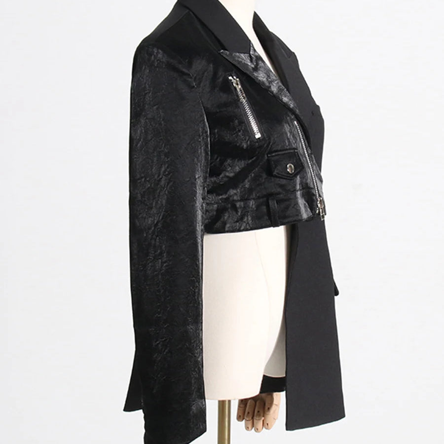 Solid Spliced Zipper Irregular Jackets for Women Lapel Long Sleeves Patchwork Pockets Fshion Jacket Female Clothing