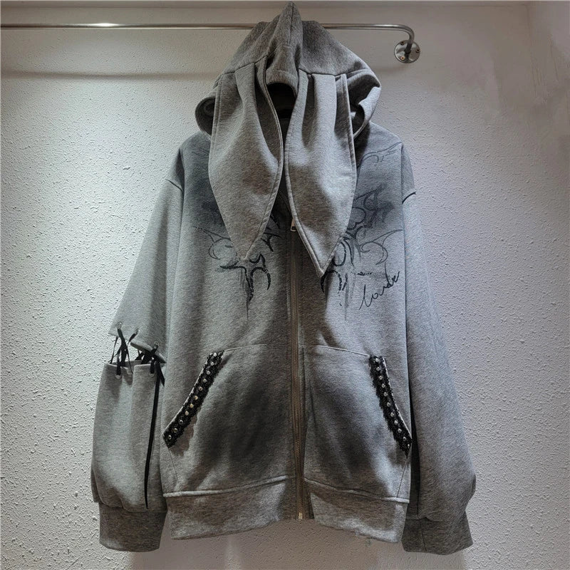 Autumn Winter New Fashion High Street Pin Graffiti Hooded Sweatshirt For Women Y2K Sweet Cool Cardigan Female 11A07705 Gray One Size