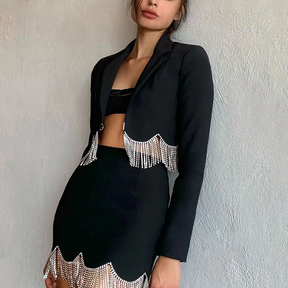 Sexy Women's Light Luxury Diamond Tassel Skirt Set with Flip Collar Long Sleeve Ultra Short Suit Coat+Mini Skirt Two Piece Set