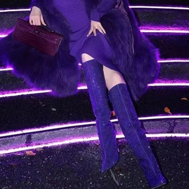 Rhinestone Women's High Boots Pointed Toe Slip-on Long Boots Women Boots High Heels Sexy Stiletto Ladies Party Shoes 2024 New purple