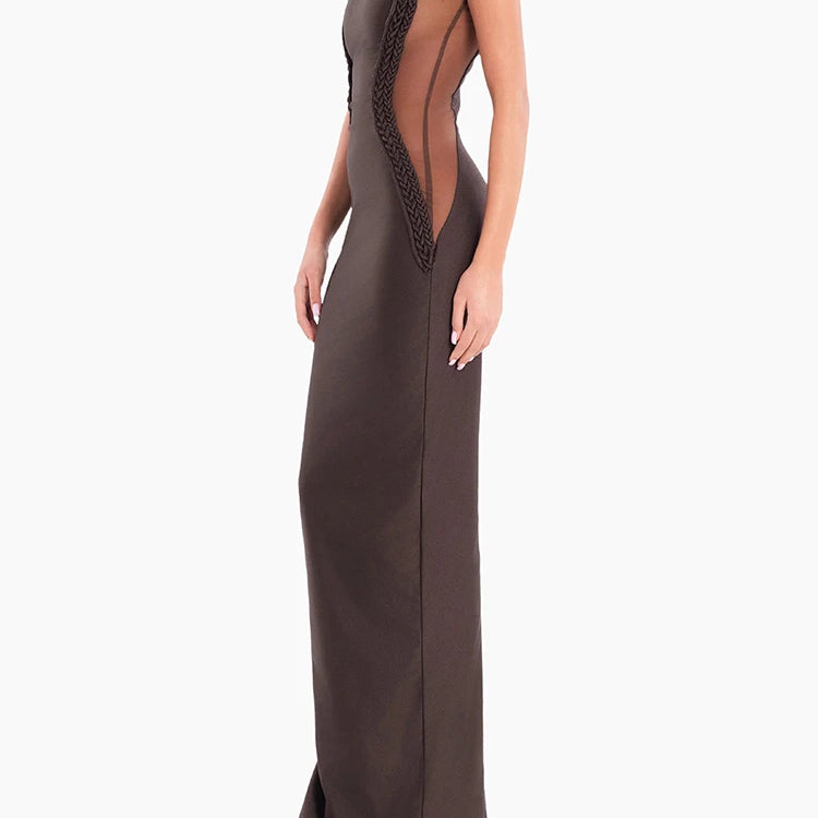 Chic Brown Sheer Side Mesh-Paneled Sleeveless Maxi Dress with Braided Details for Party Evening Gown