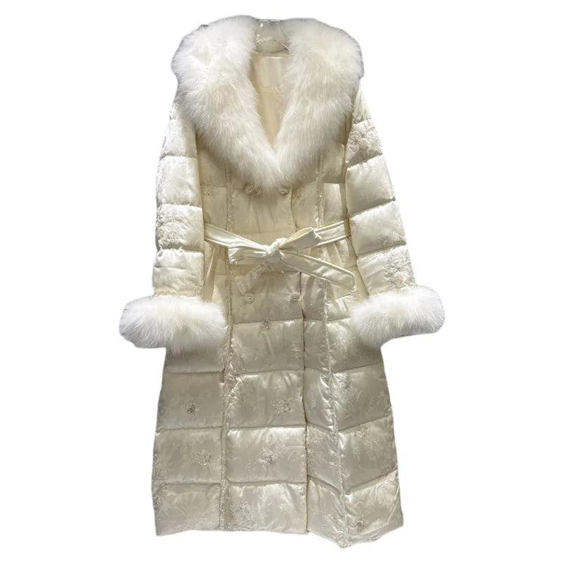 Winter New Fashion Style Large Fox Fur Collar Embroidered Long Cotton Jacket For Women High Quality Warm Coat 11A07799