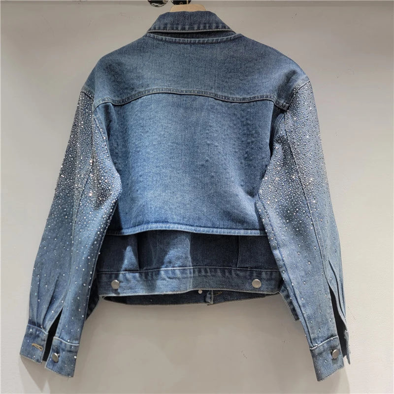 New Heavy Industry Bright Diamond Shiny Short Long Sleeve Cardigan Coat Vest Denim Two-piece Set For Women 11A07630