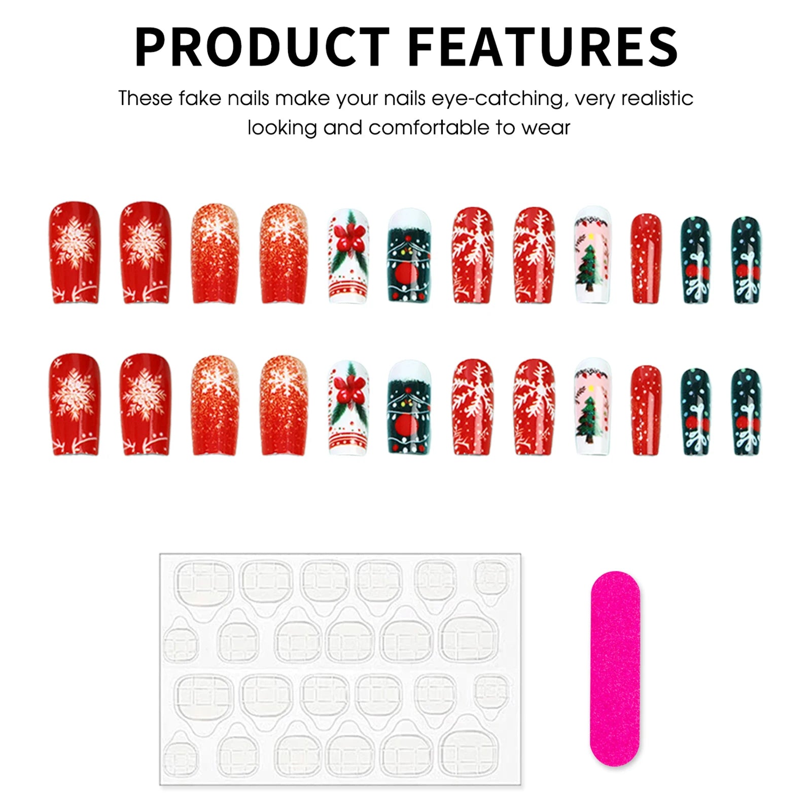 Christmas Fake Nails 24Pcs Medium-length Squre Press On Nails Xmas Tree/Snowflake Printed Women Girls Charm Manicure Nails Art