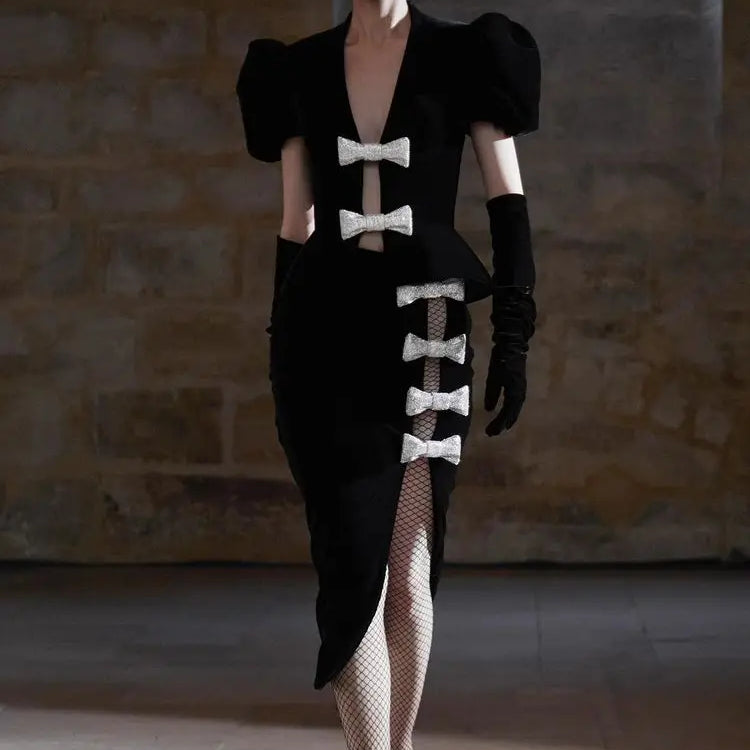 2025 New Fashion Gloves Black Velvet Woman Set Shining Diamond Bows V-Neck Jacket Sexy Hollow out package Hips Skirt Set 2 Piece