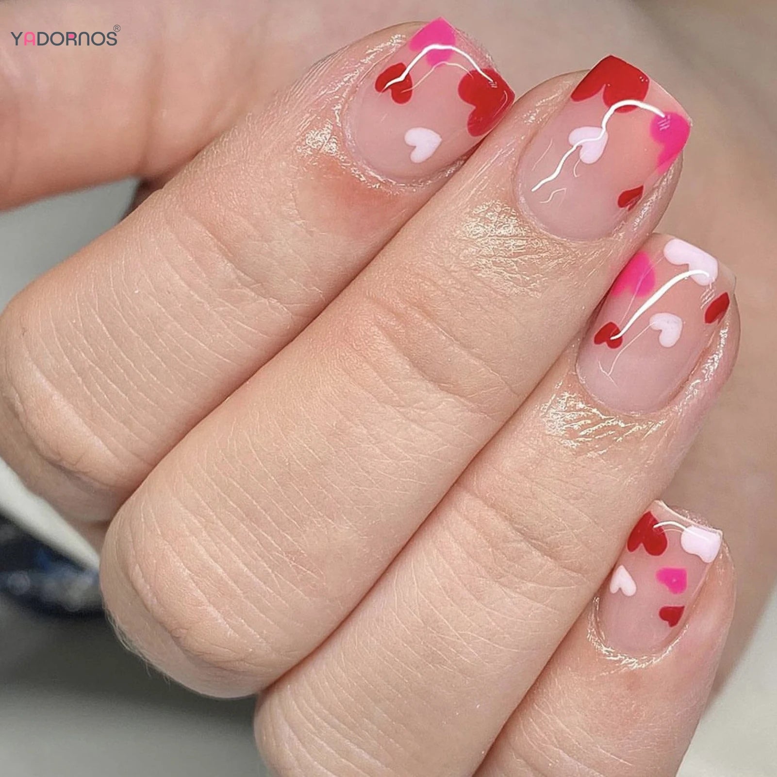 Retro Short Almond Fake Nails 24Pcs Red/White Press On Nails Love Heart/Flower/Butterfly Printed Women Valentine's Day Nails Art