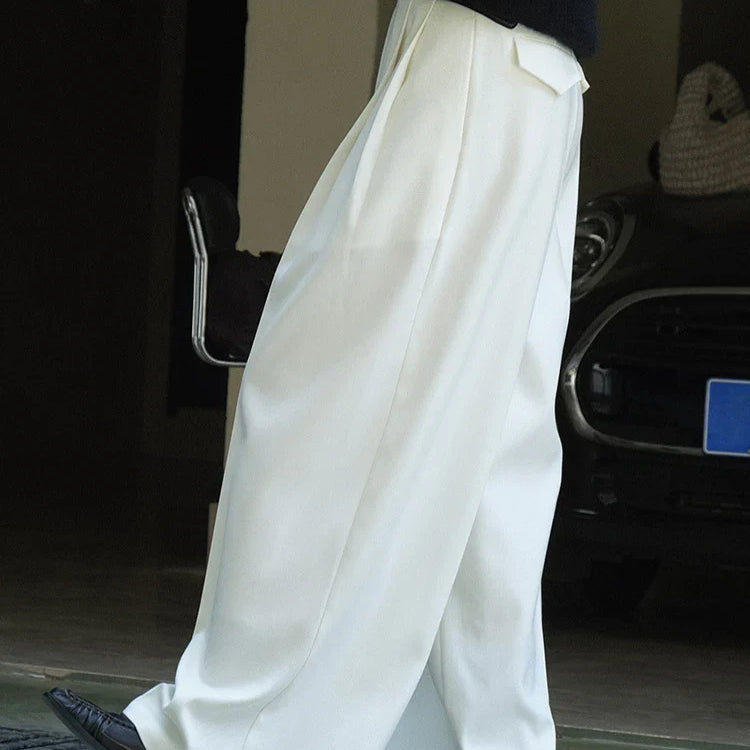 [LANMREM] Korean Style Pleated White Pants For Women High Waist Wide Leg Trousers Casual Loose Clothing Spring New 26D8719