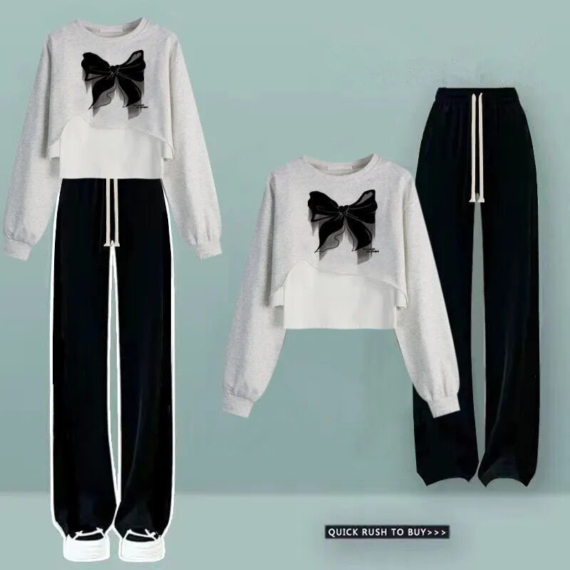 Women Spring Autumn Sweatshirt Wide Leg Pants Vest 3 Piece Set 2024 Lady Casual Letter T Shirts Trousers Outfits Green Top Suit C Gray Set