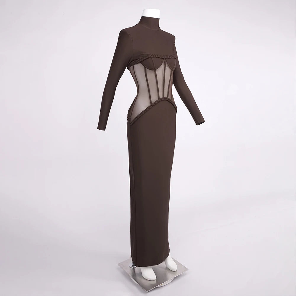 Sophisticated Brown High-Neck Long Sleeves Dress with Sheer Mesh Corset Accent for Party Evening Gown
