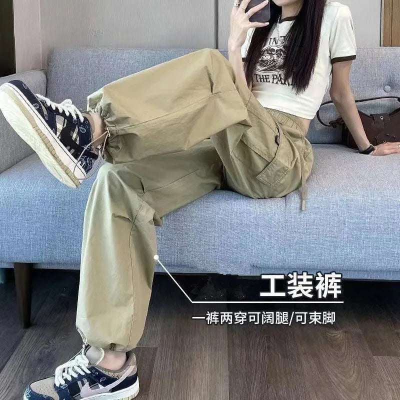 Vintage Retro Solid Women Cargo Pants Quick Dry Spring Summer Elastic Waist Casual Streetwear Straight Trousers khaki