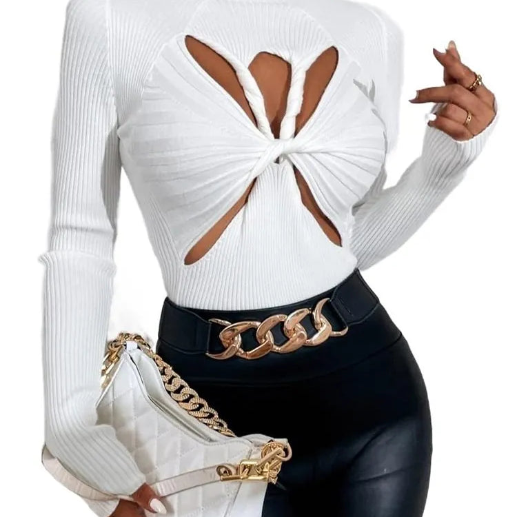 Slimming Crisscross Hollow Out Knitting Sweaters For Women Round Neck Long Sleeve Solid Casual Chic Sweater Female