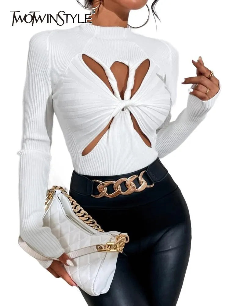 Slimming Crisscross Hollow Out Knitting Sweaters For Women Round Neck Long Sleeve Solid Casual Chic Sweater Female