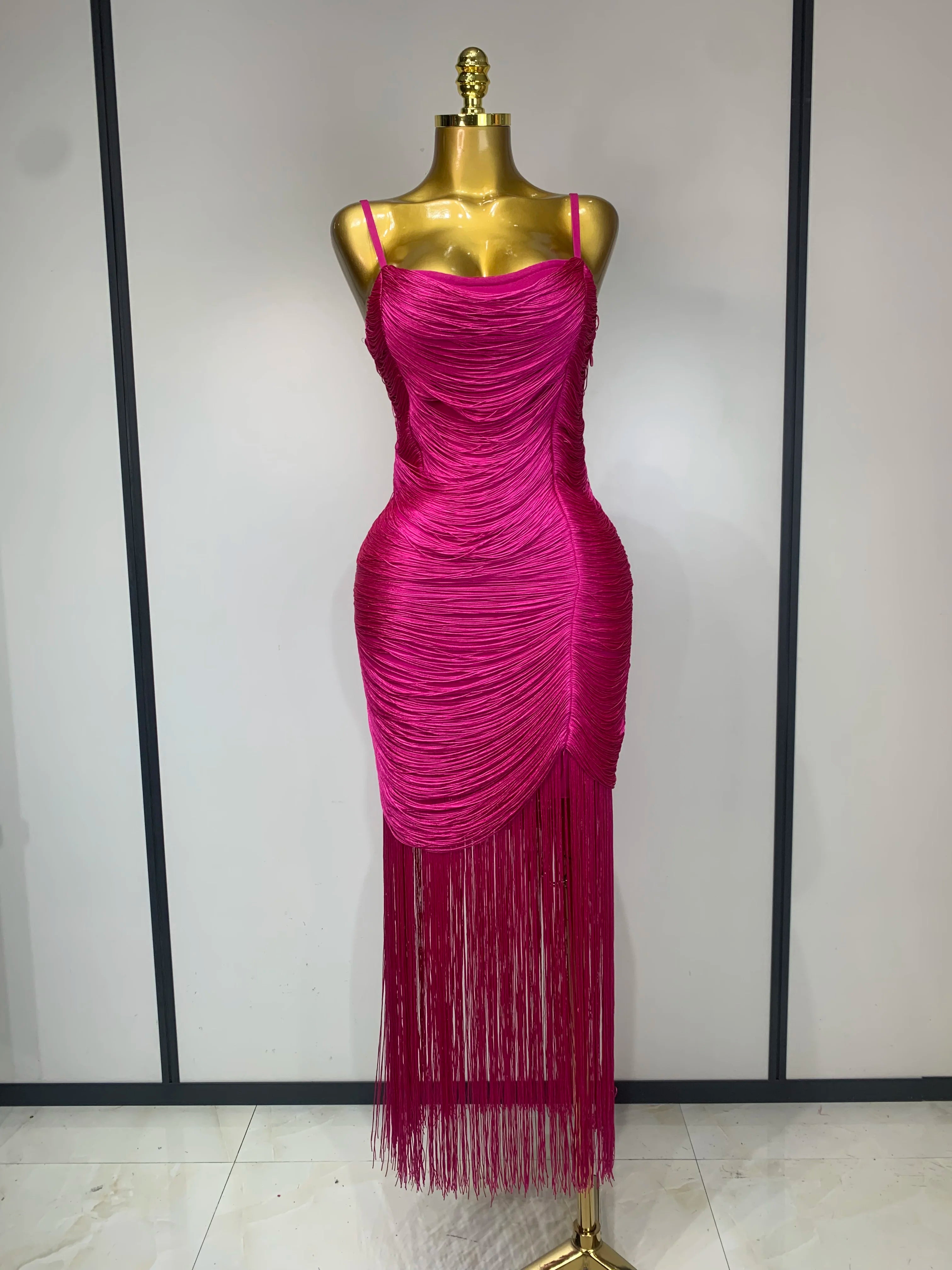 Women Sexy Backless Tassel Bodycon Bandage Dresses Celebrity Elegant Evening Party Nightclub Luxury Birthday Party Outfit ﻿ Fuchsia