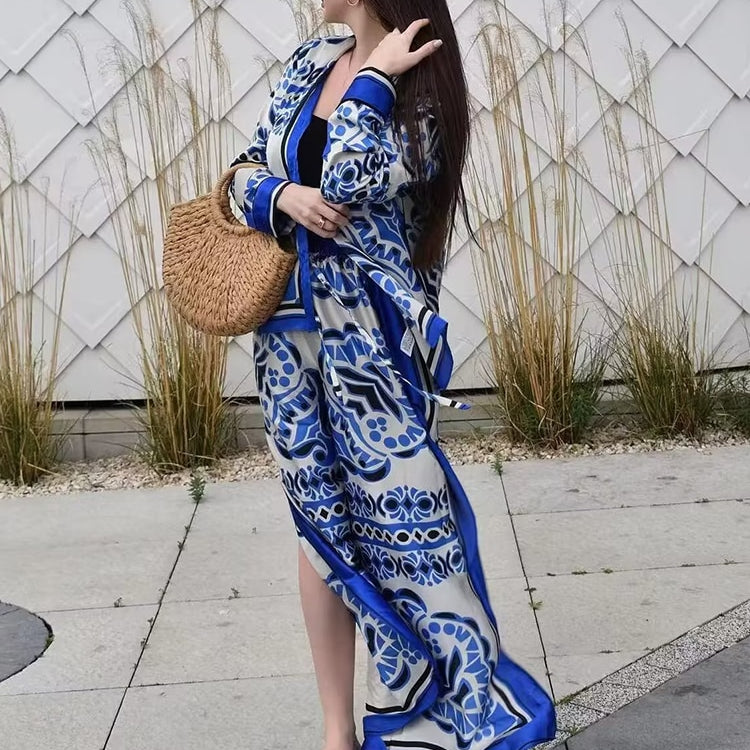 Woman Shirts Pants Sets 2024 New Summer Geometric Print Loose Long sleeved Shirts Fashion Elastic Waist Wide Leg Pants Outfits