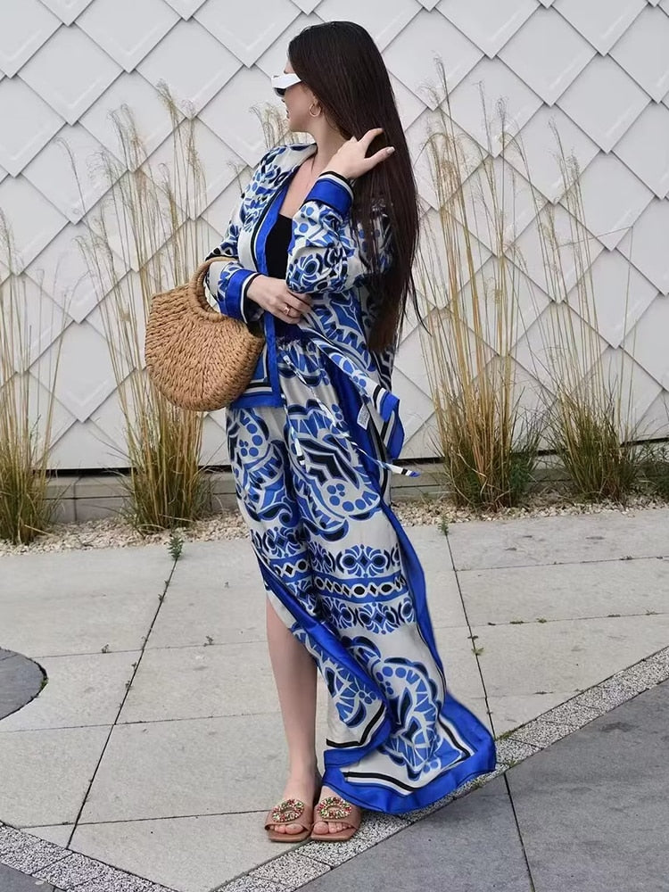 Woman Shirts Pants Sets 2024 New Summer Geometric Print Loose Long sleeved Shirts Fashion Elastic Waist Wide Leg Pants Outfits