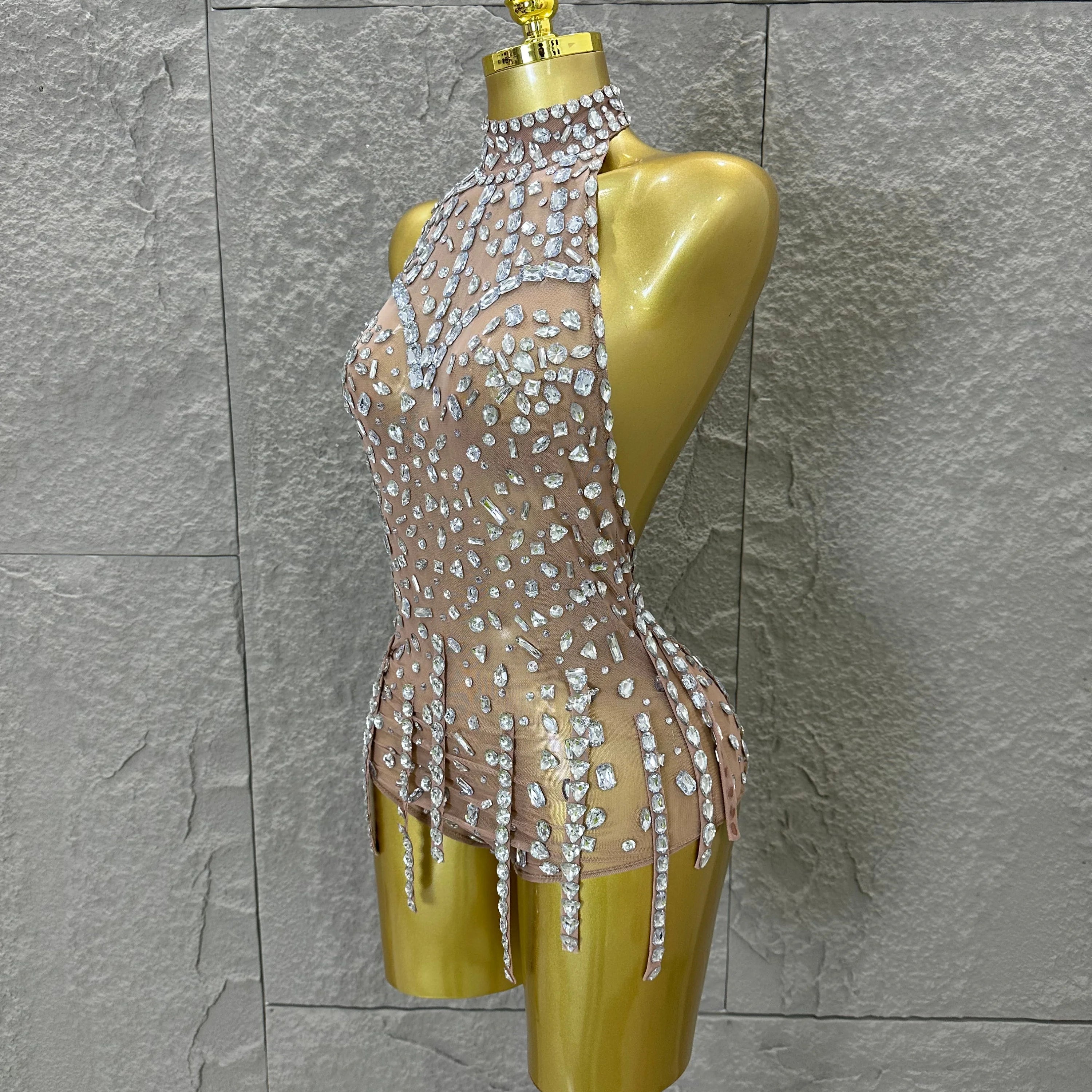 Pink Nude Sleeveless Bodysuit Women Sheer Mesh Crystal Rhinestone Embellished Formal Event Performance Costume