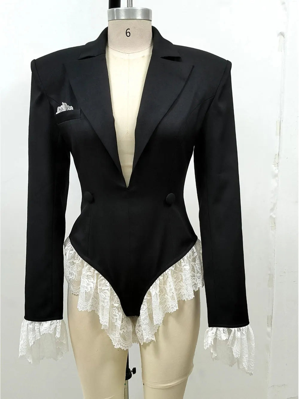 2024 Sexy Women'S Pullover Suit Jumpsuit Lapel Long Sleeved White Lace Design Slim Fit Suit Jacket Cocktail Evening Party Jacket black