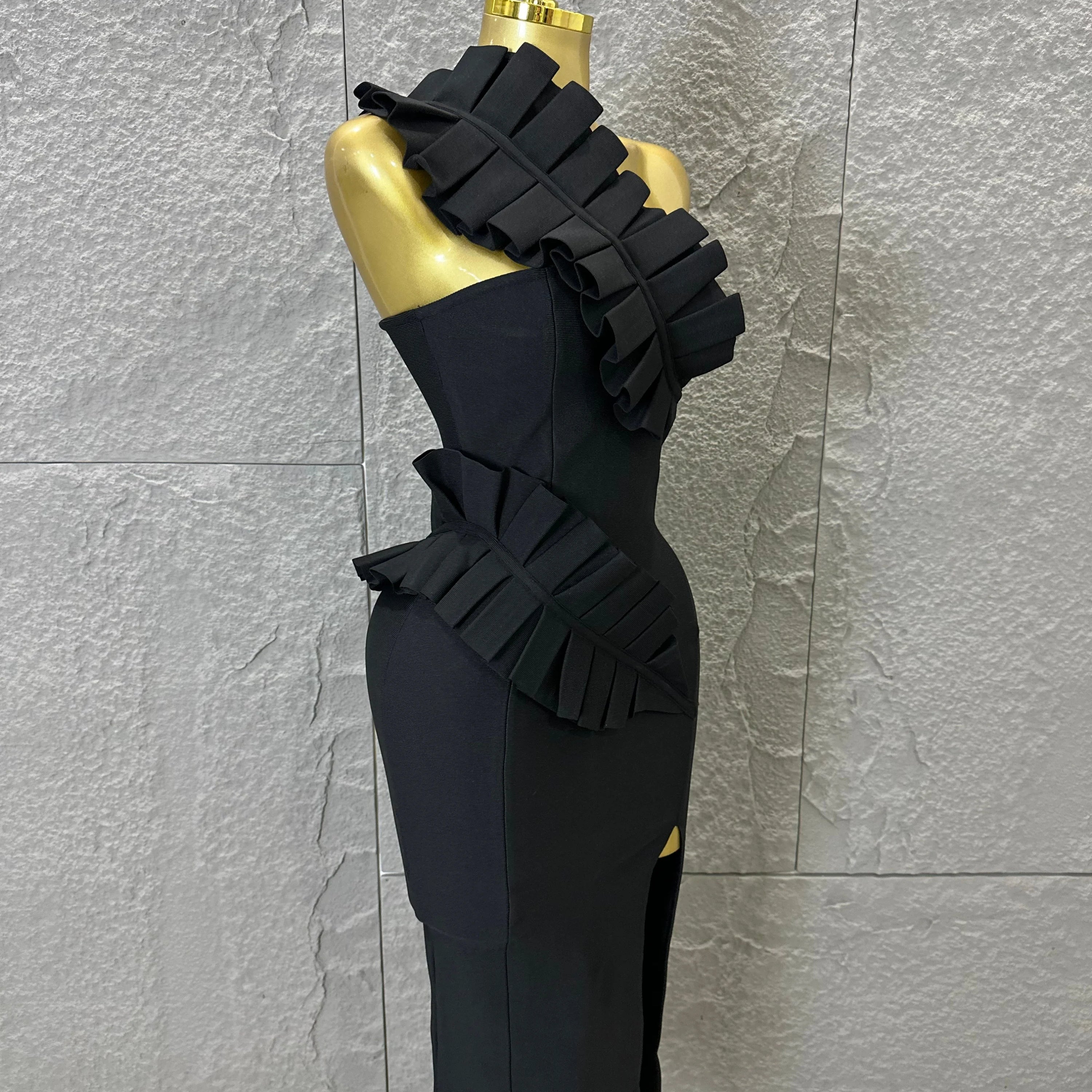 Sexy One-Shoulder Bodycon Midi Dress Women Sexy Ruffle Embellished Waist Cutout High Slit Outfit Evening Gala Party Costume