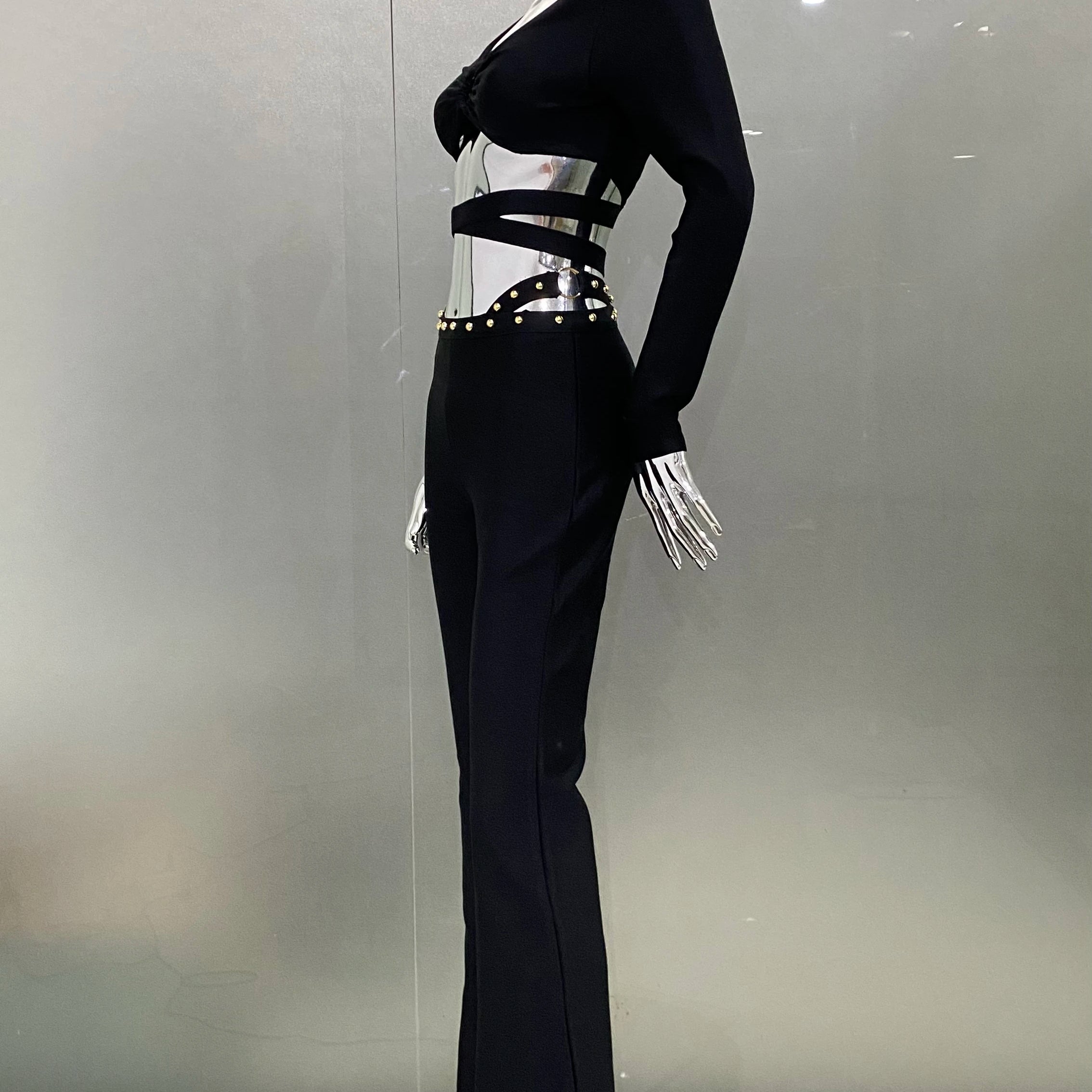 Stylish Res Bandage Woman Set Diamond Chains Backless Halter Cropped top And Waist Chain Flare Pants 2 Pieces Club Party Outfit