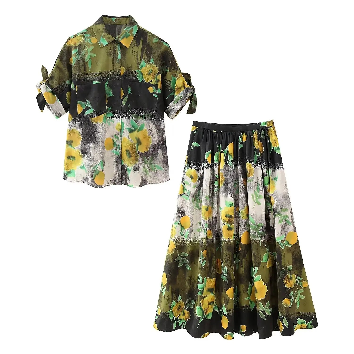 TRAF Summer Vintage Y2K Short Sleeve Green Floral Print Woman Zipper Shirt Set High Waisted A Line Pleated Skirt Suits Print suit