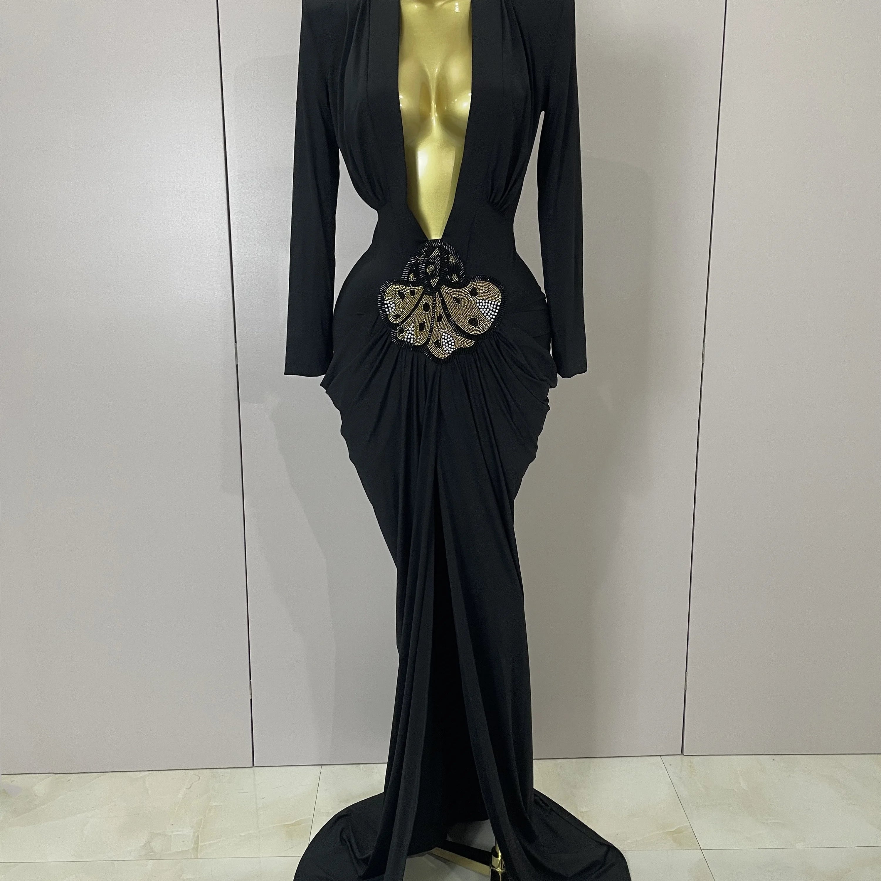 Sexy Deep V-Neck Long Sleeve Bodycon Long Dress 2025 New Women Spring Elegant Evening Party Celebrate Cocktail Outfit Vestido black