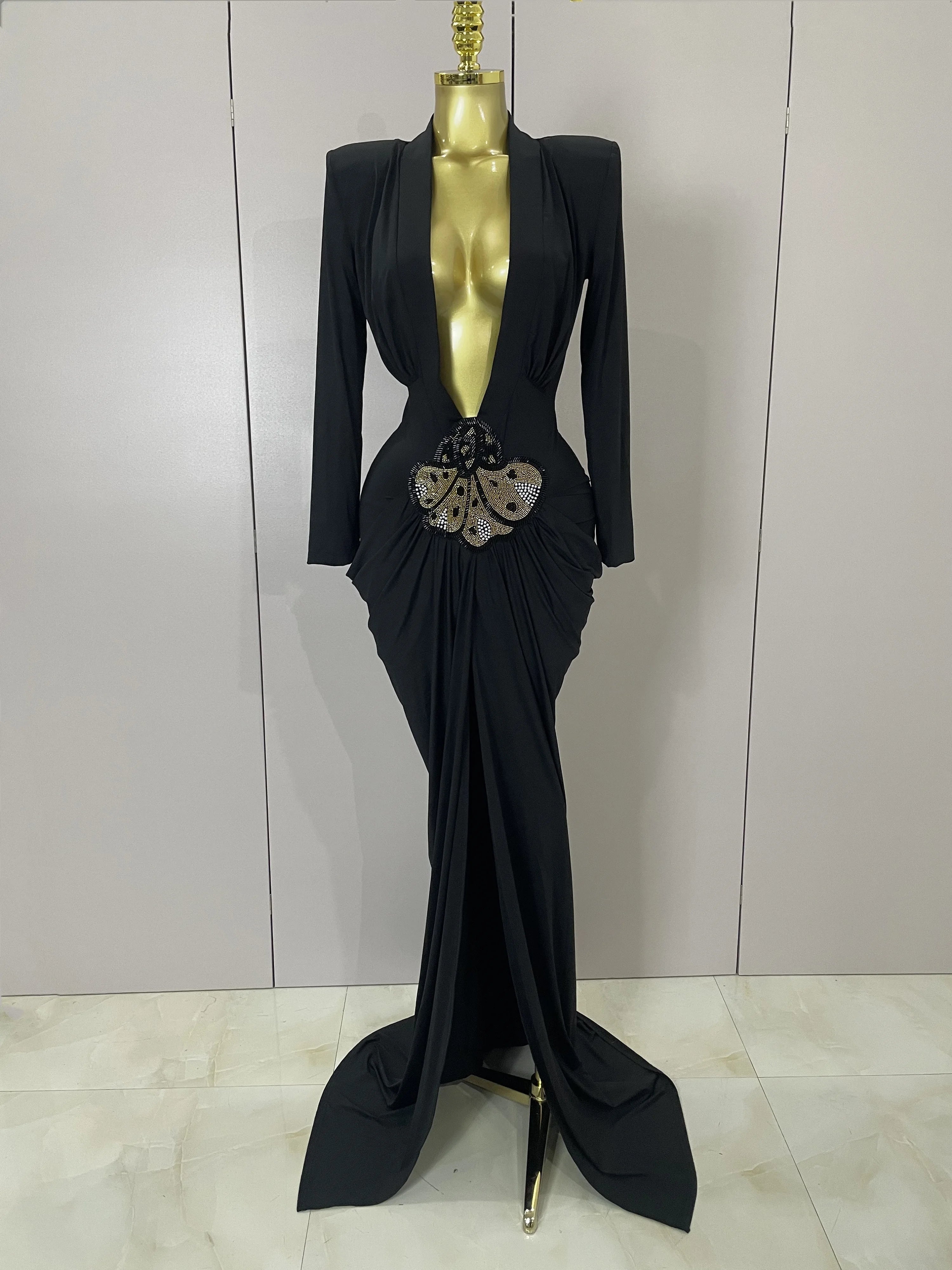 Sexy Deep V-Neck Long Sleeve Bodycon Long Dress 2025 New Women Spring Elegant Evening Party Celebrate Cocktail Outfit Vestido black