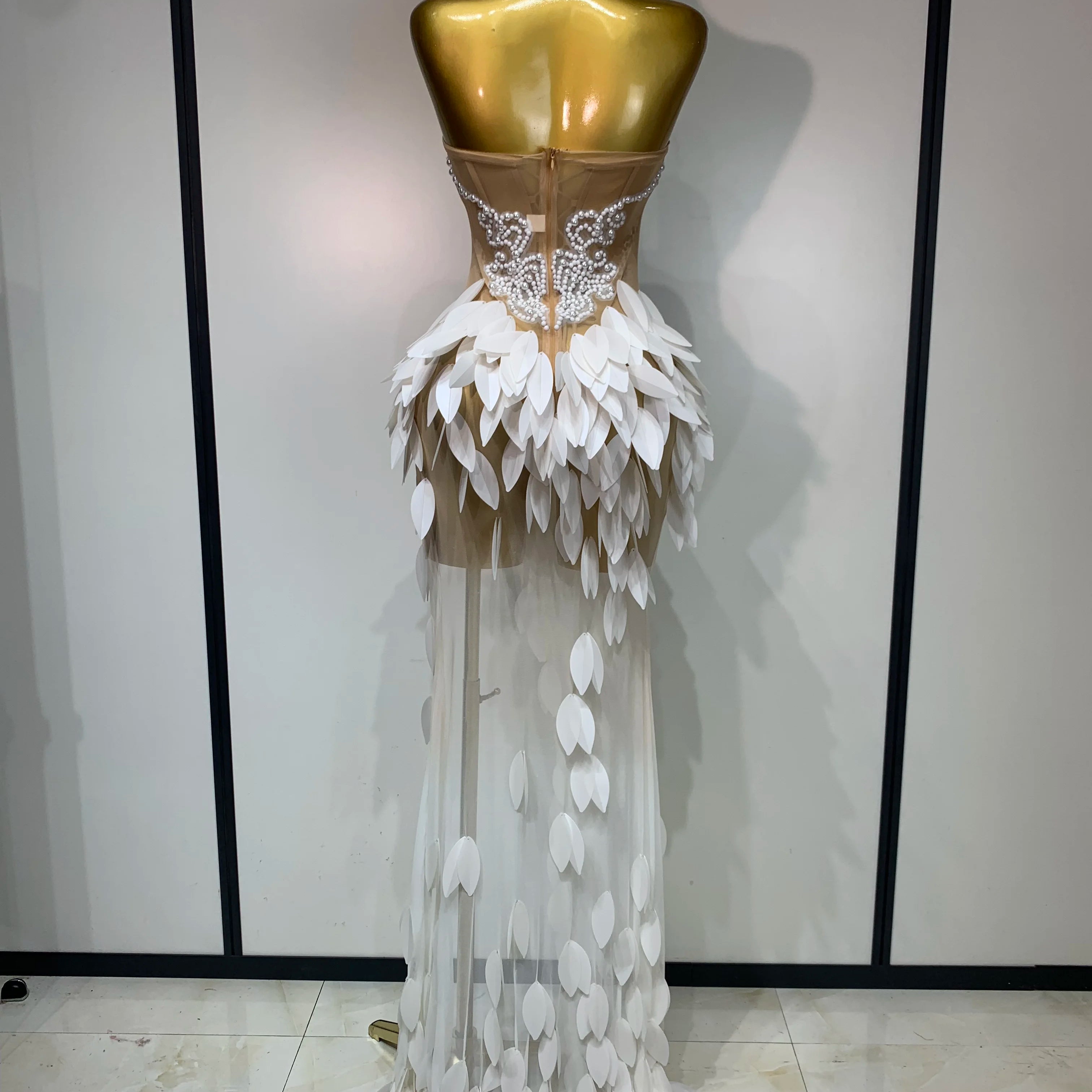 Elegant Pearl Dress Sexy Transparent Mesh Maxi Long Dresses Women Evening Party Wedding Gown Red Carpet Celebrity Stage Outfit