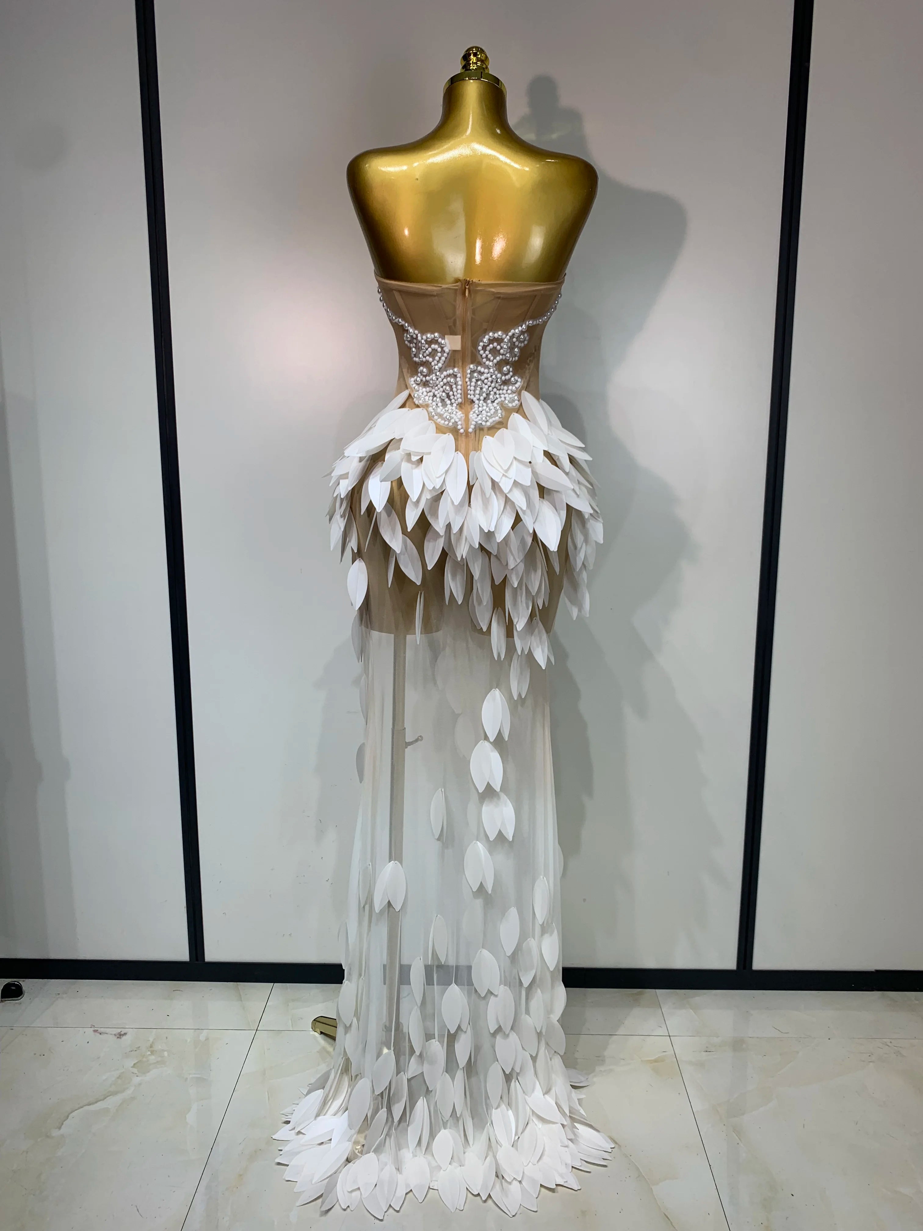 Elegant Pearl Dress Sexy Transparent Mesh Maxi Long Dresses Women Evening Party Wedding Gown Red Carpet Celebrity Stage Outfit
