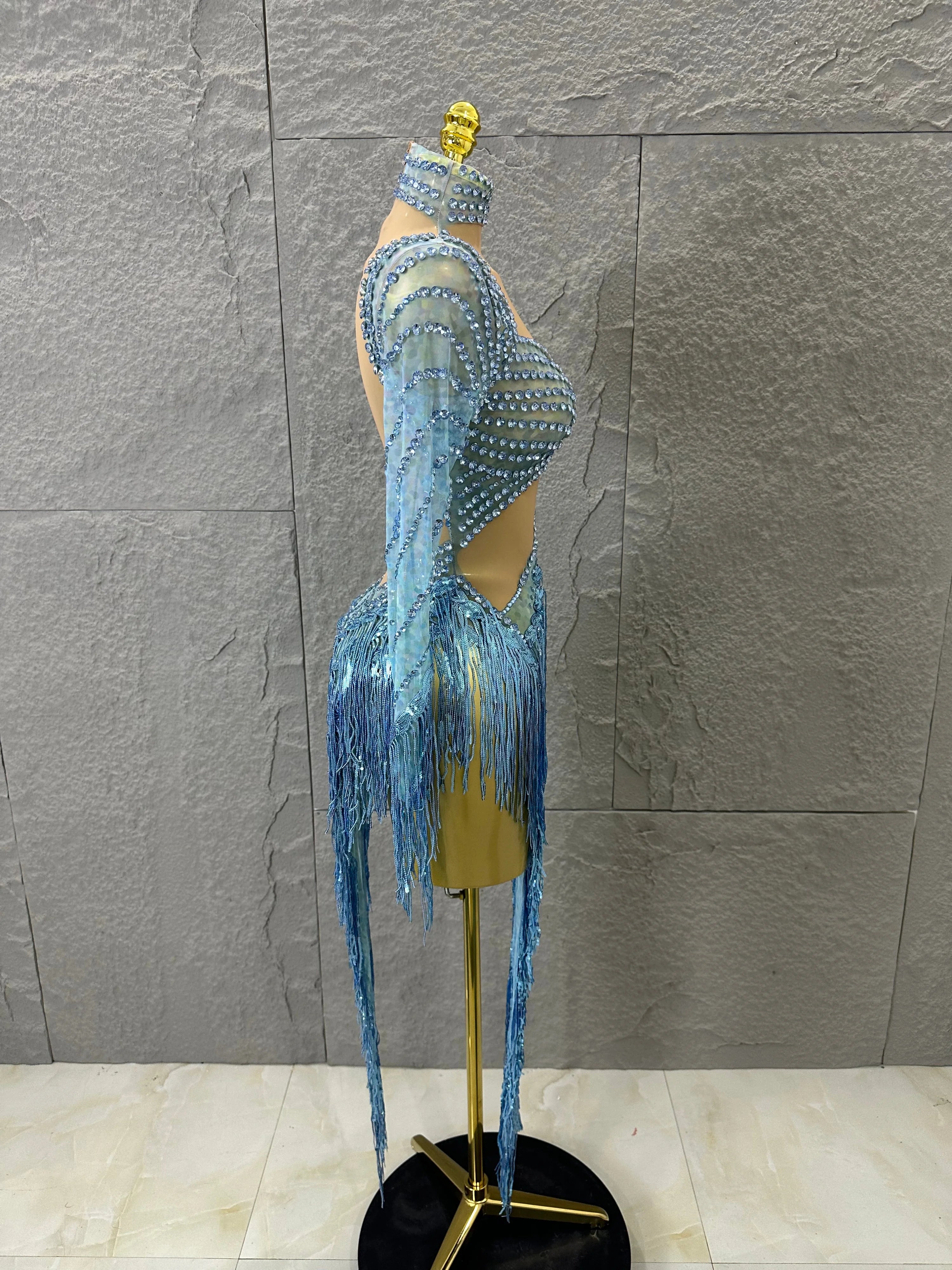 Glamorous Sky Blue One Shoulder Crystal Beaded Asymmetrical Tassel Dress Evening Birthday Nightclub Dance Banquet Outfit