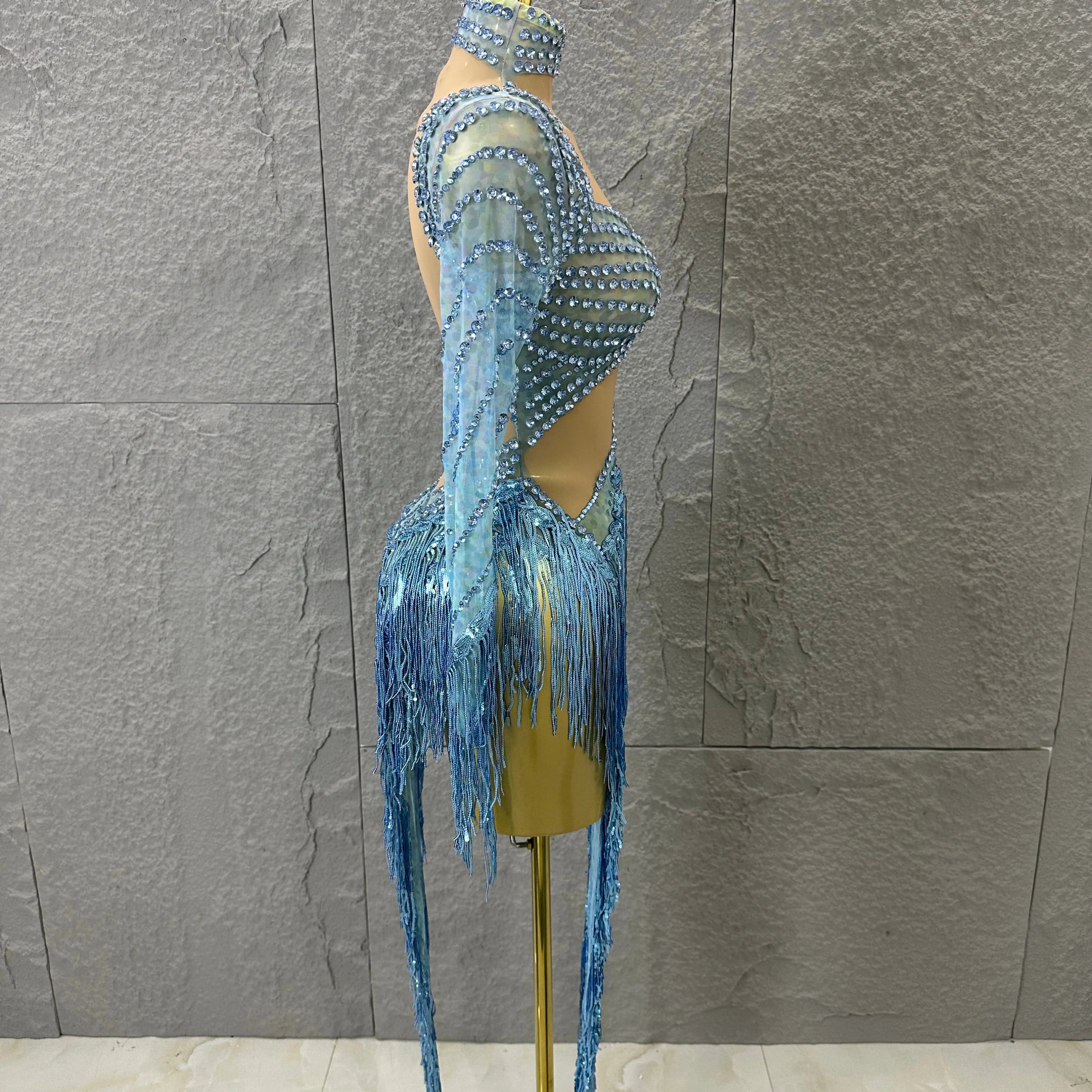 Glamorous Sky Blue One Shoulder Crystal Beaded Asymmetrical Tassel Dress Evening Birthday Nightclub Dance Banquet Outfit