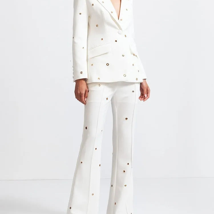 Casual Hollow Out Two Piece Sets For Women Notched Collar Long Sleeve Blazer High Waist Pant Loose Set Female Style