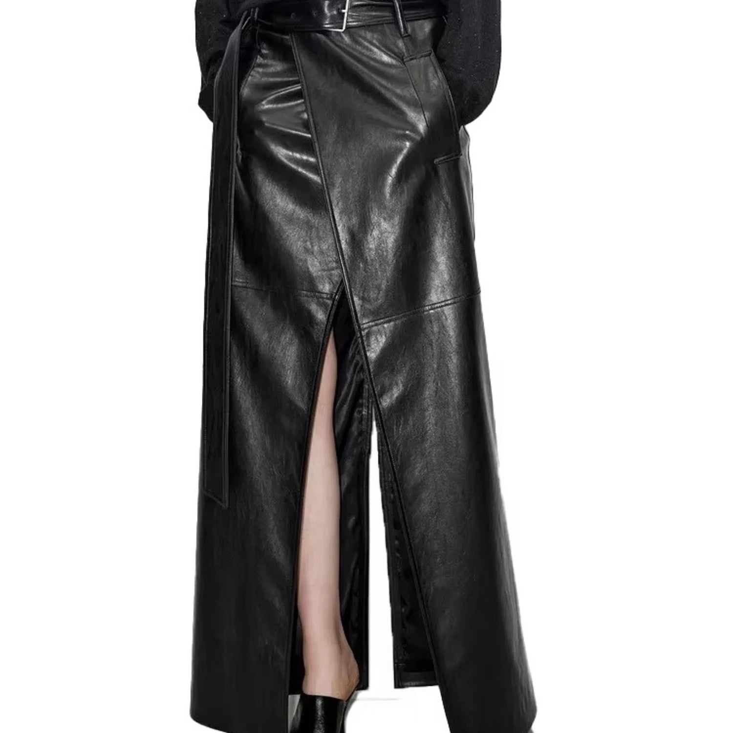 Lautaro Spring Autumn Shiny Black Soft Pu Leather Floor Length Skirt Women with Front Slit High Waist Extra Long Clothes 2025