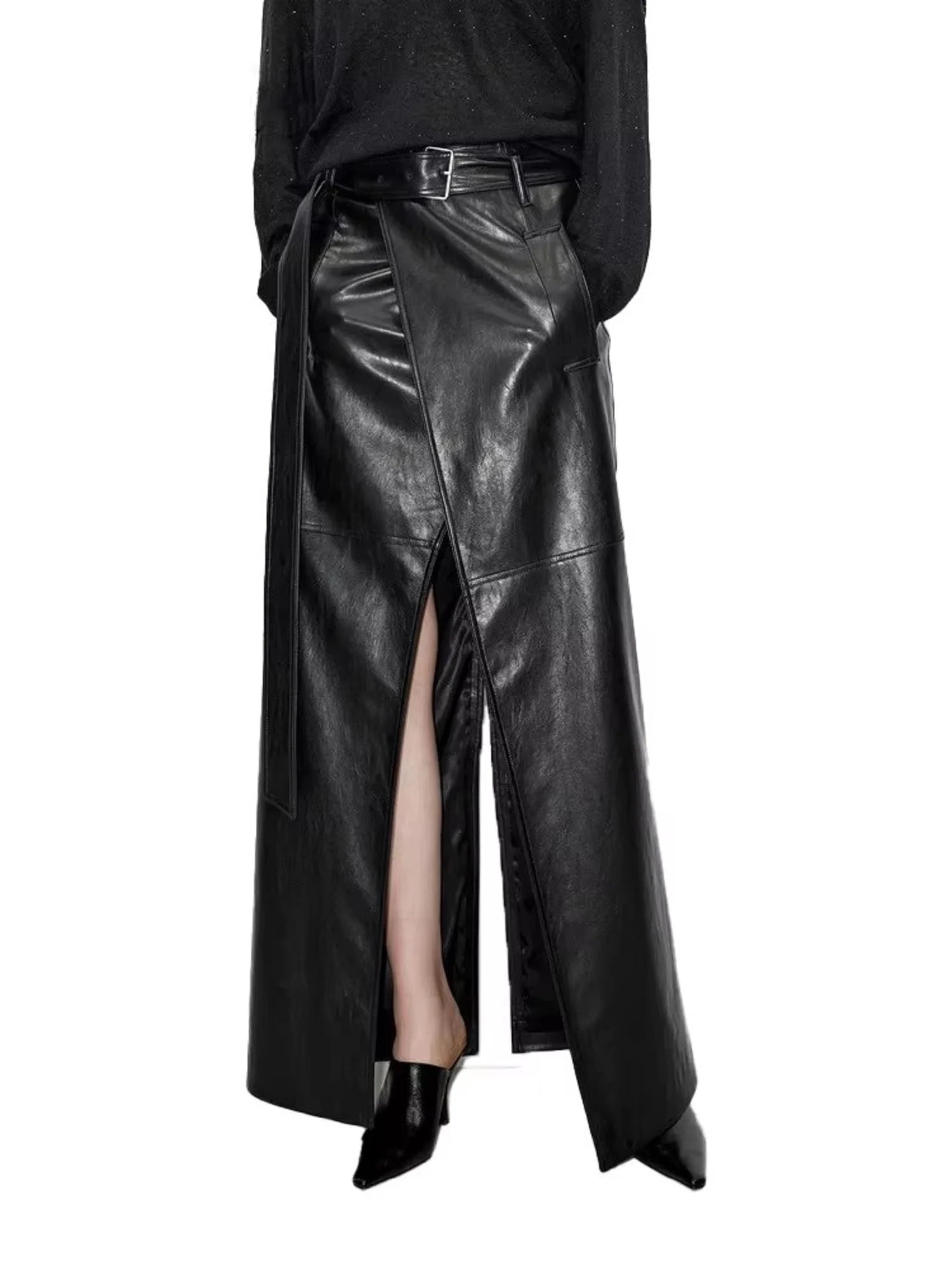 Lautaro Spring Autumn Shiny Black Soft Pu Leather Floor Length Skirt Women with Front Slit High Waist Extra Long Clothes 2025