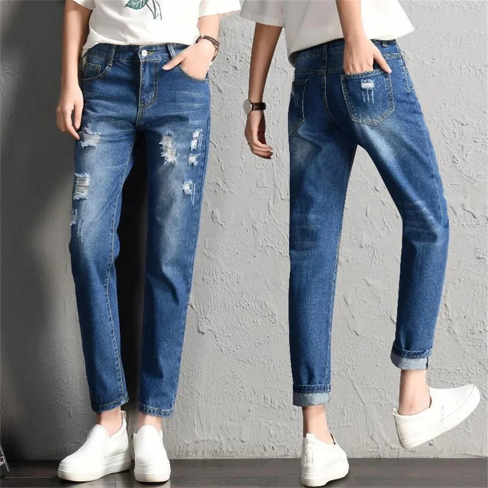 Fashion New Women Mid Waist Boyfriend Big Ripped Hole Jeans Casual High Street Denim Pants Sexy Vintage Pencil Jeans y2k