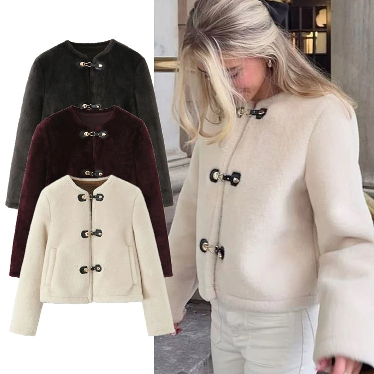 Street Women Causal Faux Fur Jackets 2025 Autumn Winter Fashion O-neck Single Breasted Loose Coats Vintage Warm Chic Outwear