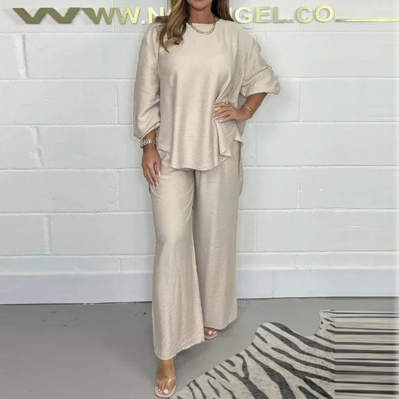 Elegant Casual Solid Color Loose 2pc Set Fashion O Neck Long Sleeve Pullover+Wide Leg Pants Outfits Spring Simple Loose Soft Set 01 Champagne