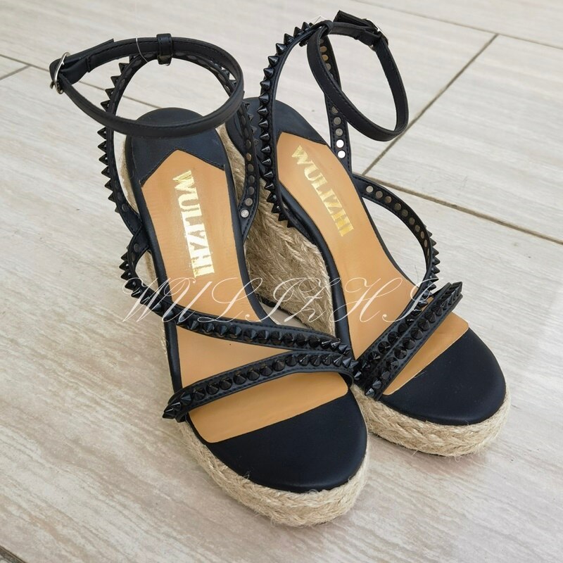 Women&#39;s Candy Color Rivet Design Wedge Sandals Summer Casual Open Slingback Platform Pink Yellow Sandals Cross Wrap Buckle Shoes
