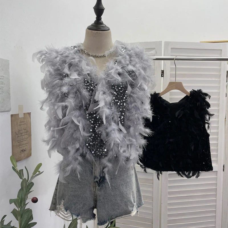 Autumn Winter New Fashion Design Heavy Industry Feather Shiny Sequin Patchwork Velvet Vest Women's Short Top 11A07916