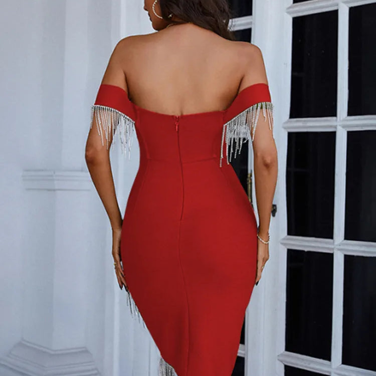 Summer Sexy Off Shoulder Army Green Red Diamonds Tassel Mini Bodycon Bandage Dress 2023 Elegant Evening Party Dress Vestido