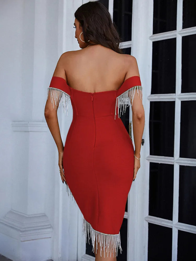 Summer Sexy Off Shoulder Army Green Red Diamonds Tassel Mini Bodycon Bandage Dress 2023 Elegant Evening Party Dress Vestido