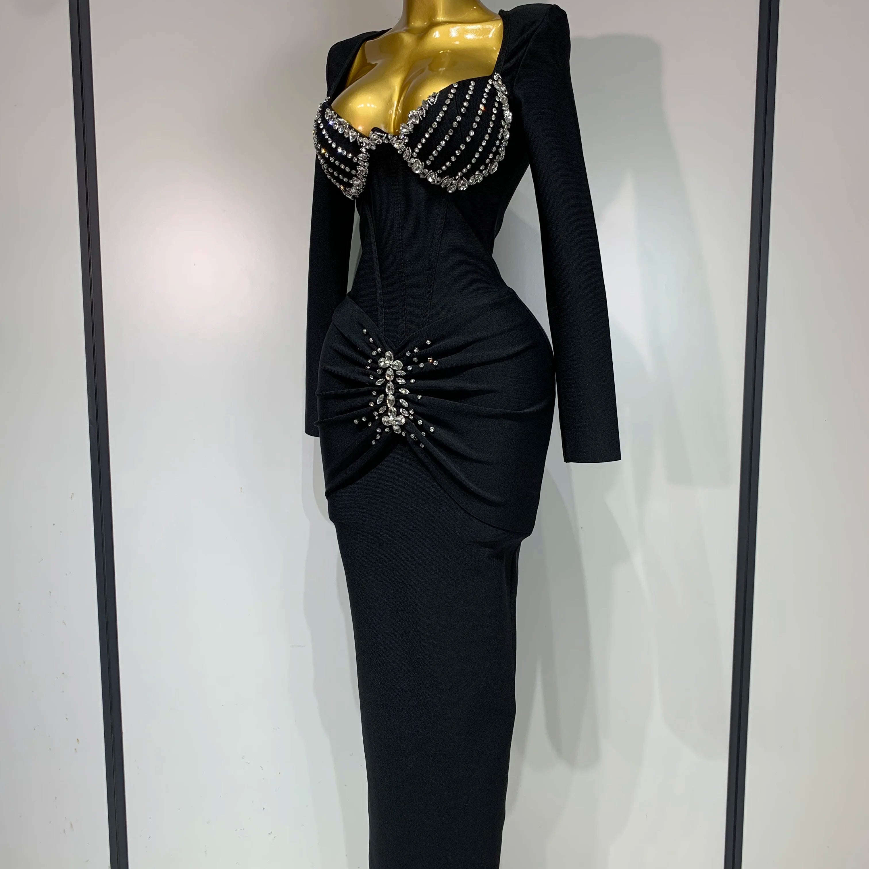 Women Sexy Luxury Sparkly Beading Bandage Dress 2025 Long Sleeve Bodycon Celebrity Party Elegant Evening Club Pary Dresses