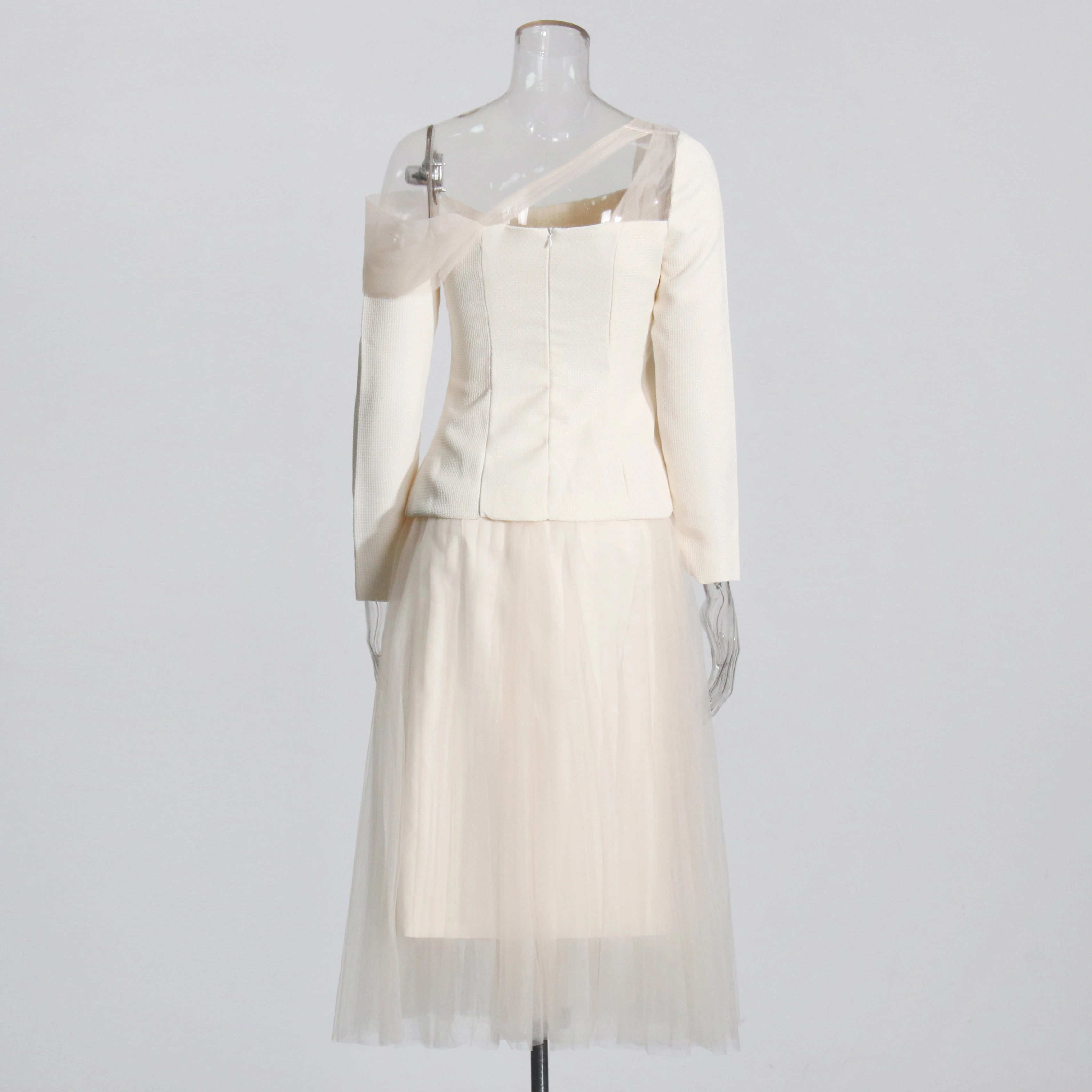 Solid Two Piece Set For Women Diagonal Collar Long Sleeve Tunic Top High Waist Pleated Skirt Elegant Sets Female