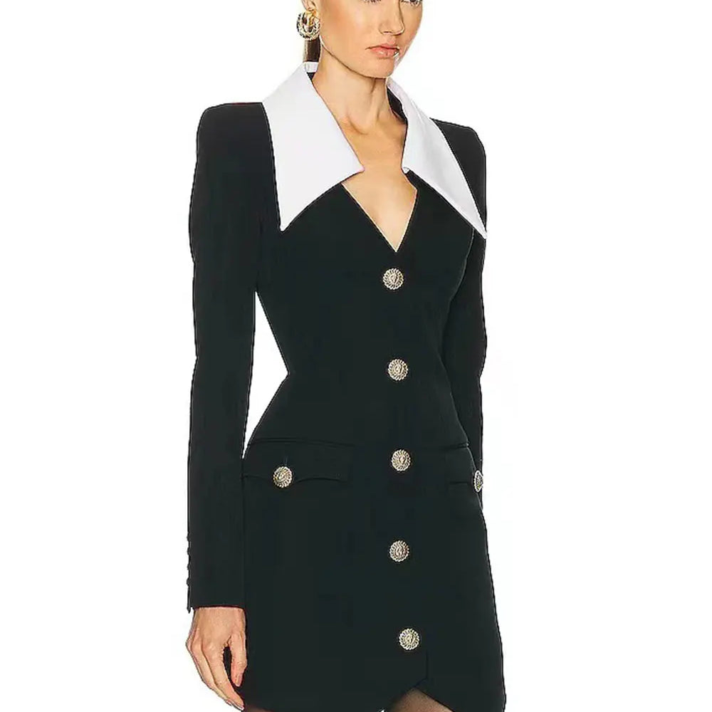 2024 Autumn Women Elegant Bandage Dress with Large Collar Long Sleeve Button Design Bodycon Asymmetric Mini Dress Party Vestidos